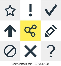 Vector illustration of 9 member icons. Editable set of star, warning, share and other icon elements.