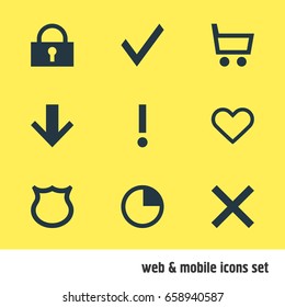 Vector Illustration Of 9 Member Icons. Editable Pack Of Wheelbarrow, Padlock, Shield And Other Elements.