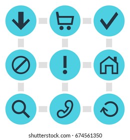 Vector Illustration Of 9 Member Icons. Editable Pack Of Mainpage, Wheelbarrow, Magnifier And Other Elements.