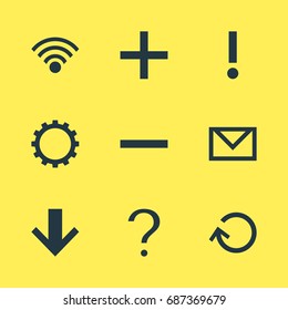 Vector Illustration Of 9 Member Icons. Editable Pack Of Plus, Cordless Connection, Minus And Other Elements.