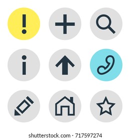 Vector Illustration Of 9 Member Icons. Editable Pack Of Magnifier, Info , Handset Elements.