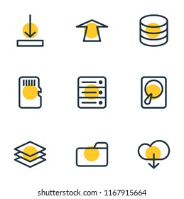 Vector illustration of 9 memory icons line style. Editable set of database, push, category and other icon elements.