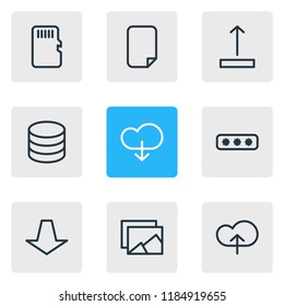Vector illustration of 9 memory icons line style. Editable set of document, pull, database and other icon elements.