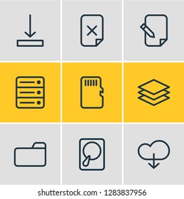 Vector illustration of 9 memory icons line style. Editable set of download, hard drive disk, arrow down and other icon elements.