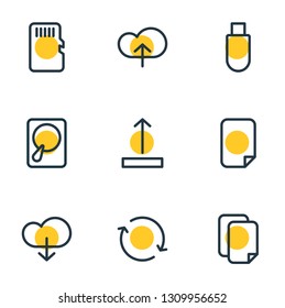 Vector illustration of 9 memory icons line style. Editable set of memory, sync, sd card and other icon elements.