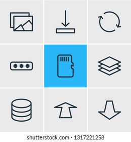 Vector illustration of 9 memory icons line style. Editable set of category, push, password and other icon elements.