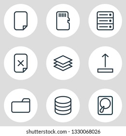 Vector illustration of 9 memory icons line style. Editable set of upload, folder, document and other icon elements.