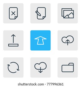 Vector illustration of 9 memory icons line style. Editable set of synchronize, arrow up, remove and other elements.