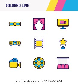 Vector illustration of 9 movie icons colored line. Editable set of curtains, online movie, award and other icon elements.