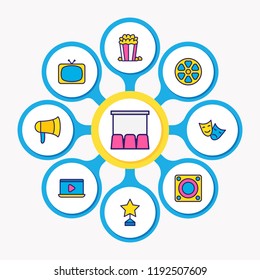 Vector illustration of 9 movie icons colored line. Editable set of movie reel, loudspeaker, popcorn and other icon elements.