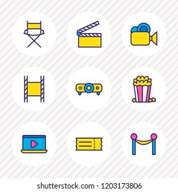 Vector illustration of 9 movie icons colored line. Editable set of projector, popcorn, cinema reel and other icon elements.