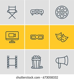 Vector Illustration Of 9 Movie Icons. Editable Pack Of Tragedy, Movie Reel, Spectacles And Other Elements.