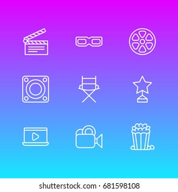 Vector Illustration Of 9 Movie Icons. Editable Pack Of Shooting Seat, Camera, Loudspeaker And Other Elements.