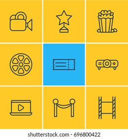 Vector Illustration Of 9 Movie Icons. Editable Pack Of Reward, Monitor, Snack And Other Elements.