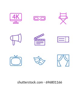 Vector Illustration Of 9 Movie Icons. Editable Pack Of Resolution, Tragedy, Theater And Other Elements.
