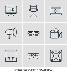 Vector Illustration Of 9 Movie Icons. Editable Pack Of Megaphone, Hall, Monitor And Other Elements.
