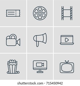 Vector Illustration Of 9 Movie Icons. Editable Pack Of Tv, Monitor, Megaphone And Other Elements.