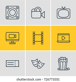 Vector Illustration Of 9 Movie Icons. Editable Pack Of Television, Snack, Camera And Other Elements.