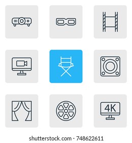 Vector Illustration Of 9 Movie Icons. Editable Pack Of Spectacles, Movie Reel, Television And Other Elements.
