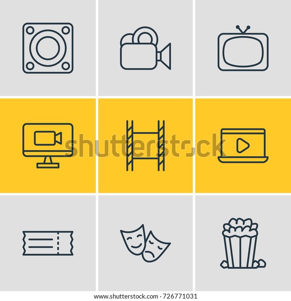 Vector Illustration Of 9 Movie
Icons. Editable Pack Of Television, Snack, Camera And Other
Elements.