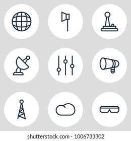 Vector illustration of 9 music icons line style. Editable set of globe, bullhorn, network and other icon elements.