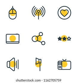 Vector illustration of 9 music icons line style. Editable set of star, computer mouse, like and other icon elements.