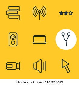 Vector illustration of 9 music icons line style. Editable set of camcorder, star, megaphone and other icon elements.
