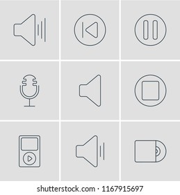 Vector illustration of 9 music icons line style. Editable set of cd, upward sound, pause and other icon elements.
