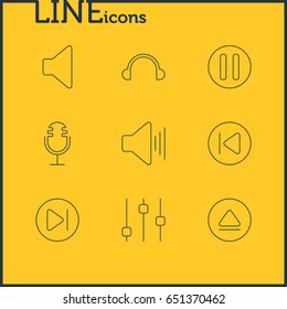 Vector Illustration Of 9 Music Icons. Editable Pack Of Rewind, Volume Up, Lag And Other Elements.