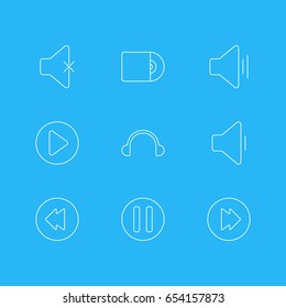 Vector Illustration Of 9 Music Icons. Editable Pack Of Advanced, Start, Decrease Sound And Other Elements.