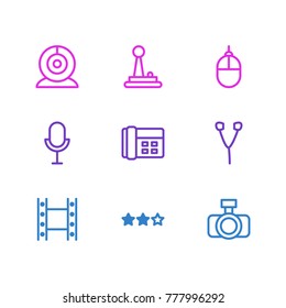 Vector illustration of 9 music icons line style. Editable set of movie, microphone, telephone and other elements.