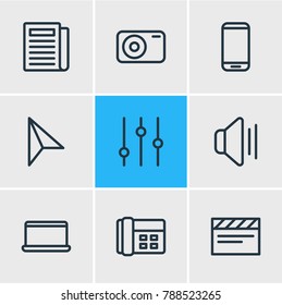 Vector illustration of 9 music icons line style. Editable set of cellphone, daily press, pointer and other elements.