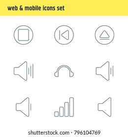 Vector illustration of 9 music icons line style. Editable set of volume down, stop, eject and other elements.