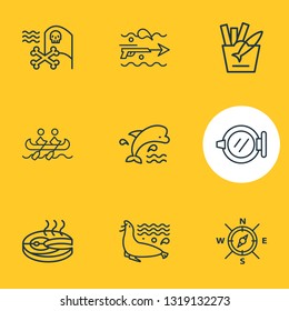Vector illustration of 9 nautical icons line style. Editable set of fish steak, compass, ship window and other icon elements.