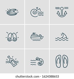 Vector illustration of 9 nautical icons line style. Editable set of binoculars, prawn, bottle with note and other icon elements.