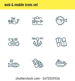 Ilustración vectorial de 9 iconos náuticos estilo línea. Conjunto editable de peces a la parrilla, submarinos, anclas y otros elementos de icono.