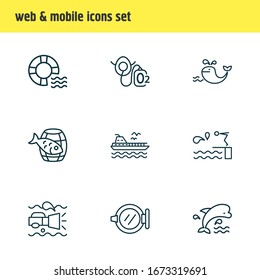 Vector illustration of 9 nautical icons line style. Editable set of oxygen mask, mammal, barrel of fish and other icon elements.