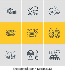Vector illustration of 9 naval icons line style. Editable set of mammal, mussel, binoculars and other icon elements.