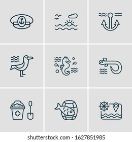 Vector illustration of 9 naval icons line style. Editable set of anchor, eel, sunset in the sea and other icon elements.