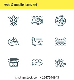Vector illustration of 9 naval icons line style. Editable set of sea lion, canoe, sea turtle and other icon elements.
