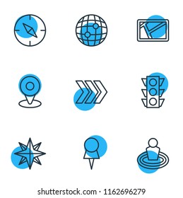 Vector illustration of 9 navigation icons line style. Editable set of orientation, pin, check-in and other icon elements.