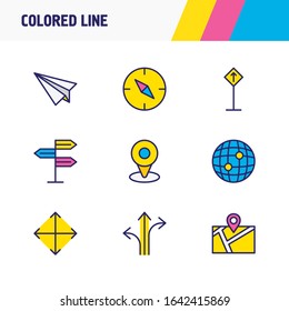 Vector illustration of 9 navigation icons colored line. Editable set of location, pin, widen and other icon elements.