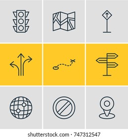 Vector Illustration Of 9 Navigation Icons. Editable Pack Of Direction, Stoplight, Guidepost And Other Elements.