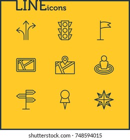 Vector Illustration Of 9 Navigation Icons. Editable Pack Of Pin, Place, Guidepost And Other Elements.