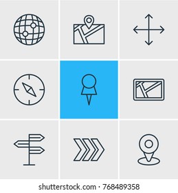 Vector Illustration Of 9 Navigation Outline Icons. Editable Set Of Arrow, Navigation, Guidepost And Other Elements.