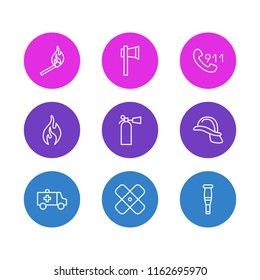 Vector illustration of 9 necessity icons line style. Editable set of extinguisher, ambulance, 911 and other icon elements.