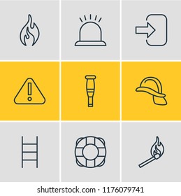 Vector illustration of 9 necessity icons line style. Editable set of attention, fire, ladder and other icon elements.