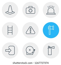 Vector illustration of 9 necessity icons line style. Editable set of ladder, attention, siren and other icon elements.