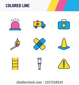 Vector illustration of 9 necessity icons colored line. Editable set of siren, crutches, attention and other icon elements.