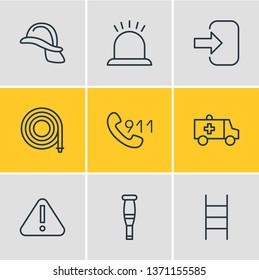 Vector illustration of 9 necessity icons line style. Editable set of helmet, attention, exit and other icon elements.